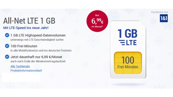 GMX All-Net LTE 1 GB Mobilfunktarif für 6,99 Euro monatlich