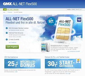 Neuer All-Net Flex500 Tarif bei GMX und Web.de (Screenshot: GMX.de)