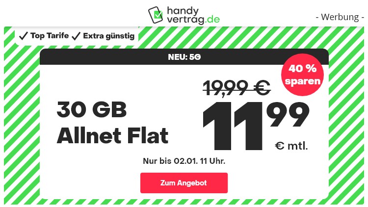 handyvertrag.de Allnet-Flat-Tarif mit 30 GB für 11,99 Euro monatlich