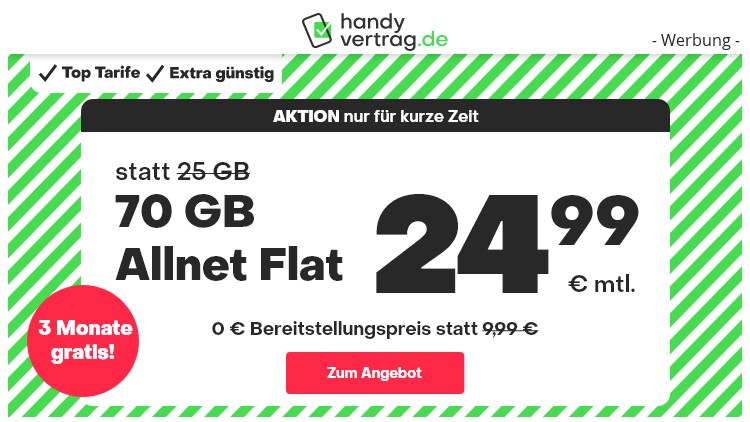 handyvertrag.de Allnet-Flat-Tarif mit 70 GB für 24,99 Euro monatlich (Bild: handyvertrag.de) handyvertrag.de Allnet-Flat-Tarif mit 70 GB für 24,99 Euro monatlich