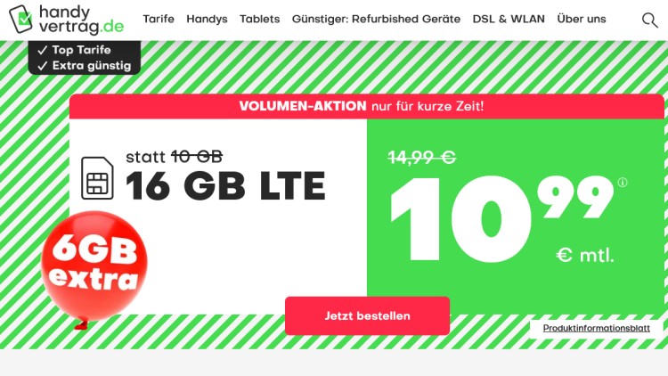 handyvertrag.de LTE All Tarif mit 16 GB Datenvolumen für 10,99 Euro
