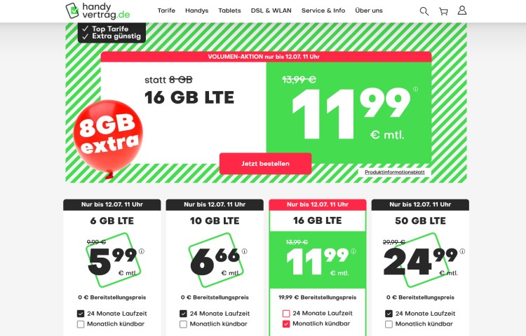 handyvertrag.de LTE All Tarif mit 16 GB Datenvolumen für 11,99 Euro