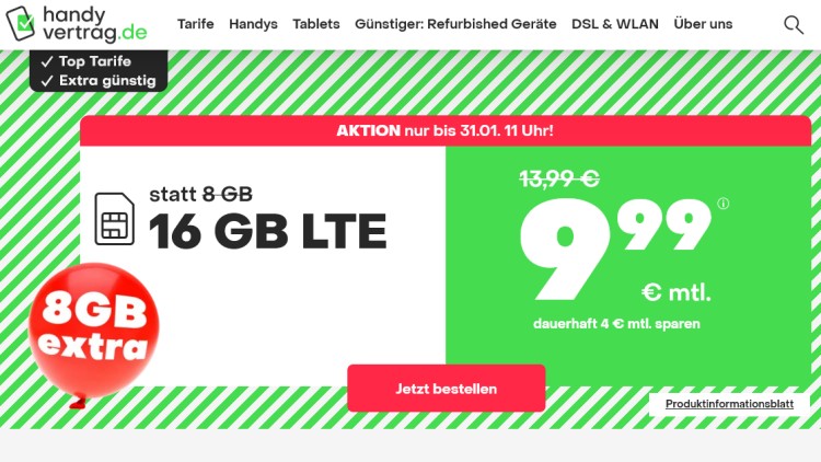 handyvertrag.de LTE All Tarif mit 16 GB Datenvolumen für 9,99 Euro