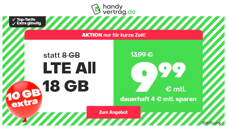 handyvertrag.de LTE All Tarif mit 18 GB Datenvolumen für 9,99 Euro