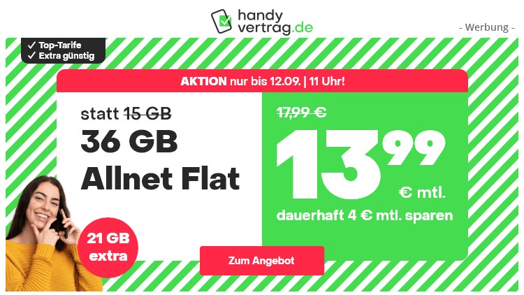 handyvertrag.de LTE All Tarif mit 36 GB Datenvolumen für 13,99 Euro