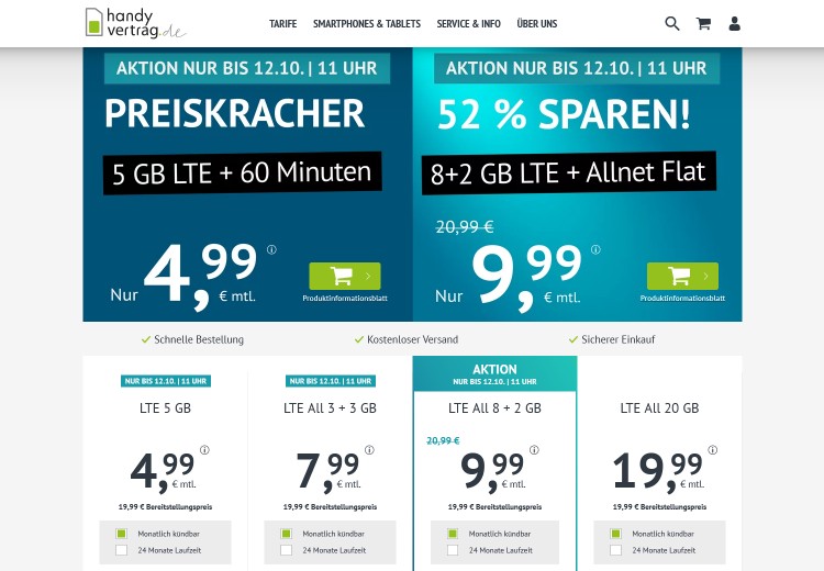handyvertrag.de: 10 GB Datenvolumen für 9,99 Euro monatlich