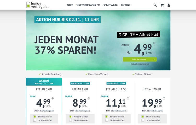 handyvertrag.de: 11 GB Datenvolumen für 11,11 Euro monatlich