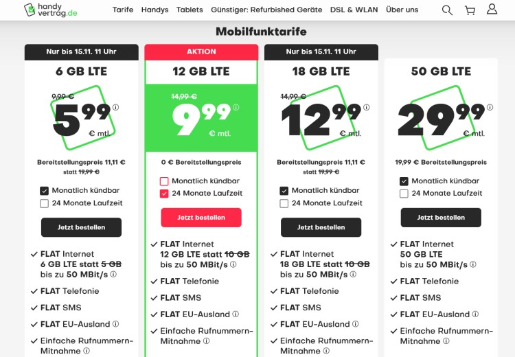 handyvertrag.de LTE All Tarif mit 12 GB Datenvolumen für 9,99 Euro