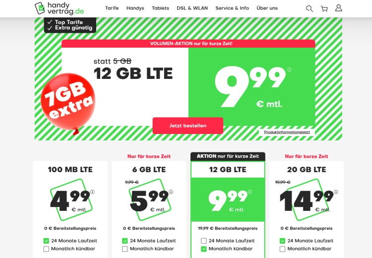 Aktionstarif mit 12 GB für 9,99 Euro von handyvertrag.de