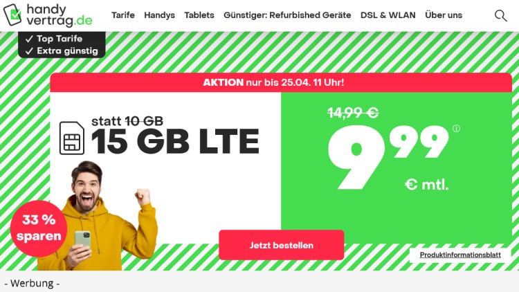 handyvertrag.de LTE All Tarif mit 15 GB Datenvolumen für 9,99 Euro