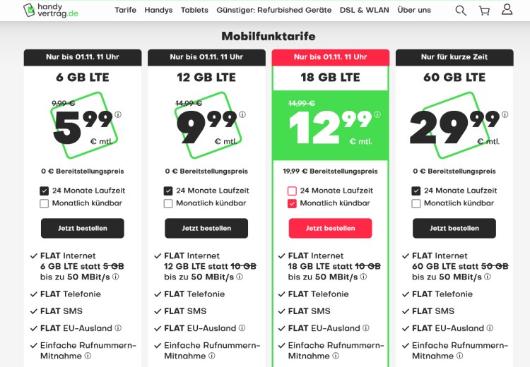 handyvertrag.de LTE All Tarif mit 18 GB Datenvolumen für 12,99 Euro