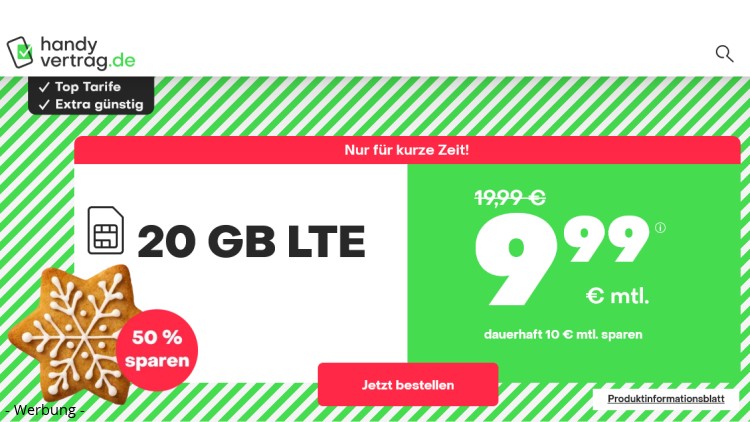 handyvertrag.de LTE All Tarif mit 20 GB Datenvolumen für 9,99 Euro