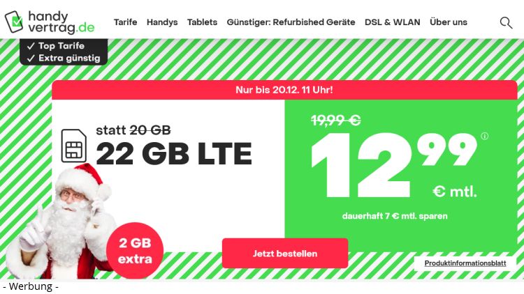 handyvertrag.de LTE All Tarif mit 22 GB Datenvolumen für 12,99 Euro