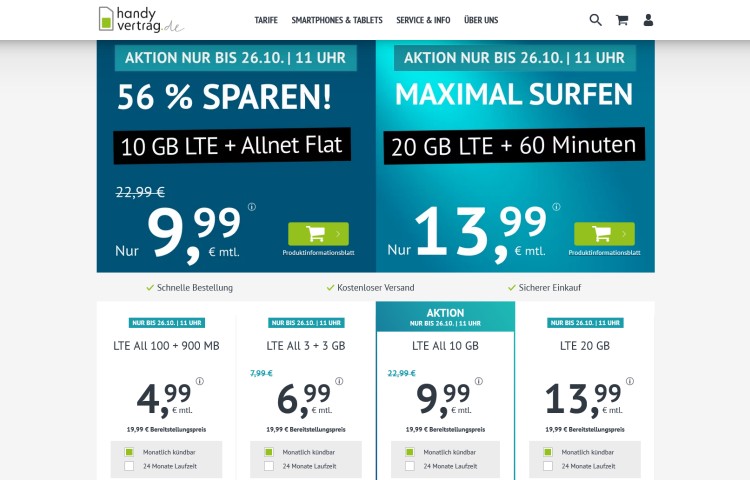 handyvertrag.de: 10 GB Datenvolumen für 9,99 Euro monatlich