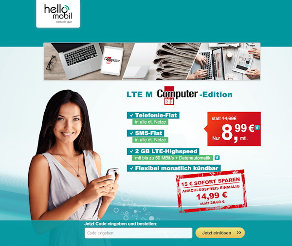 helloMobil Aktion: Allnet-Flat mit 2 GB LTE für 8,99 Euro monatlich