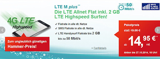 helloMobil: Telefonie- und SMS-Flat plus 2 GB Daten mit bis zu 50 MBit/s ab 14,95 Euro