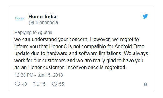 HonorIndia Twitt zu Android Oreo Update für Honor 8
