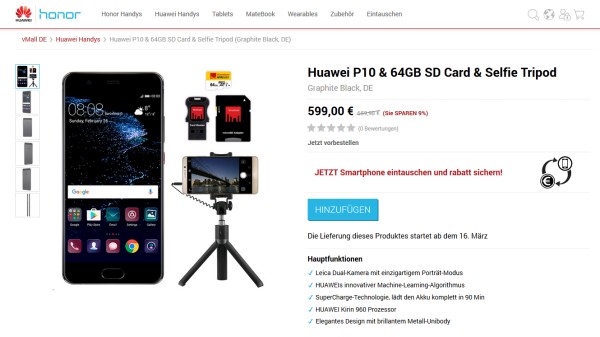 Huawei P10 Angebot mit Selfie-Stick und 64GB microSDXC-Karte