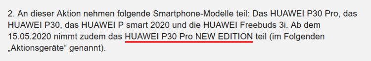 Huawei P30 Pro New Edition - Erwähnung in Promotion-Bedingungen