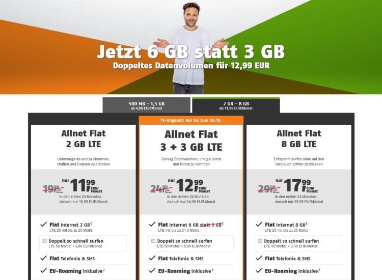 klarmobil Allnet-Flat 3+3 GB LTE für 12,99 Euro