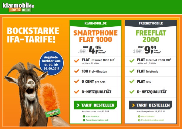 klarmobil.de IFA-Tarife: Smartphone Flat 100 für 4,95 Euro und freeFLAT 2000 für 9,99 Euro