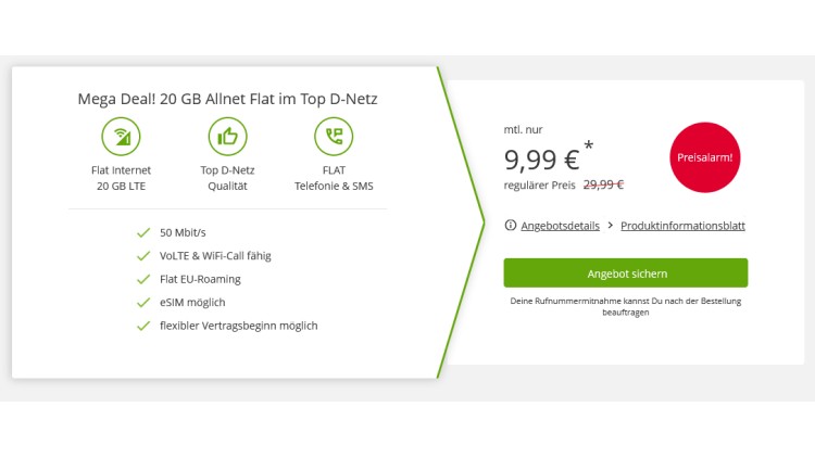 klarmobil: 20 GB Allnet-Flat für 9,99 Euro monatlich