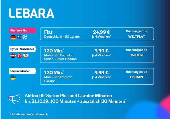 Lebara: Welt-Flatrate, Syrien-Minuten und Ukraine-Minuten Option