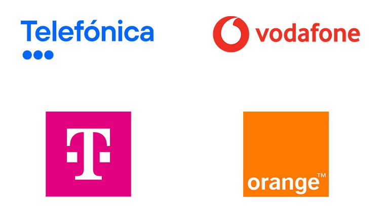 Die vier Netzbetreiber planen ein gemeinsames Gebot für die Zuteilung von Frequenzen für mobile Satellitendienste in Europa Logos von Telefónica, Vodafone, Deutsche Telekom und Orange