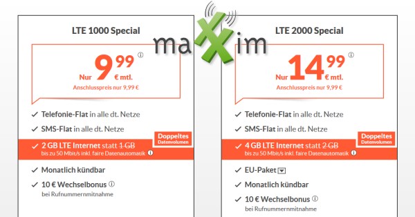 maXXim: Allnet-Flats mit Doppeltem Datenvolumen ab 9,99 Euro