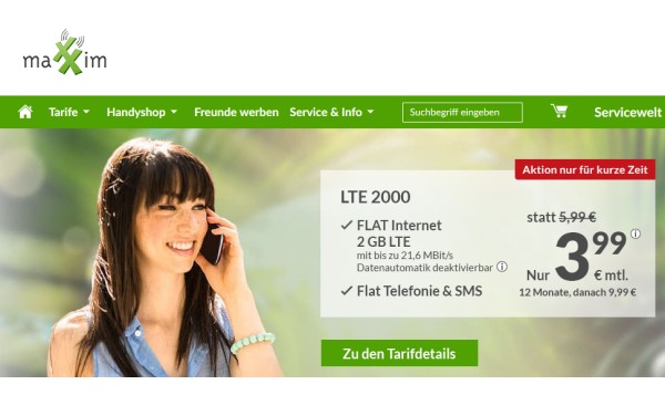 maXXim LTE 2000 ab 3,99 Euro (Screenshot: maxxim.de) maXXim LTE 2000 ab 3,99 Euro
