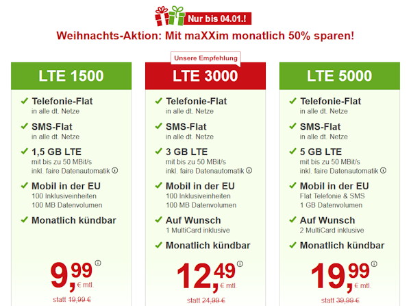maXXim LTE Allnet-Flat-Tarife um 50 Prozent reduziert