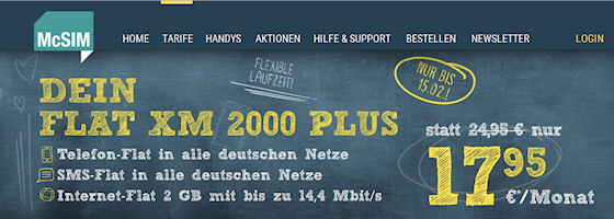 McSIM Flat XM 2000 plus Aktion für 17,95 Euro