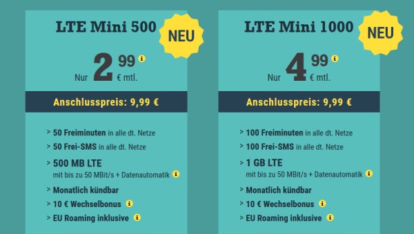 McSIM LTE Mini 500 und 1000 Tarife