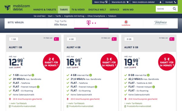 mobilcom-debitel Allnet-Flat Tarife im Telekom-Netz