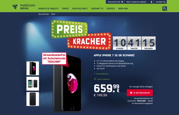 mobilcom-debitel Preiskracher am 19. Februar: iPhone 7 32GB für 659,99 Euro