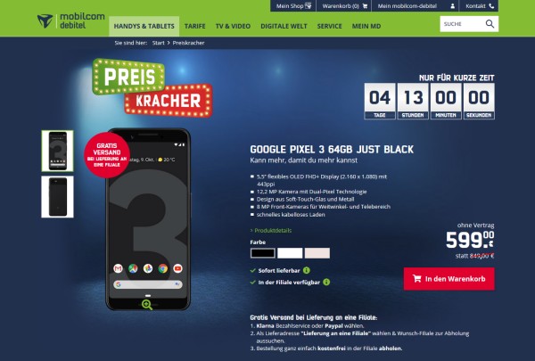 Preiskracher bei mobilcom-debitel: Google Pixel 3 64 GB