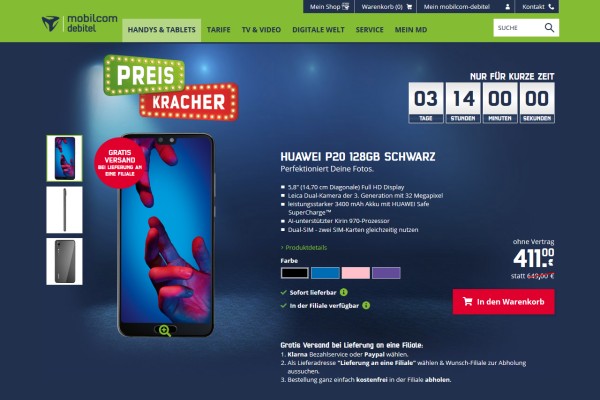 Preiskracher: Huawei P20 für 411,- Euro (Screenshot: mobilcom-debitel.de) Preiskracher: Huawei P20 für 411,- Euro