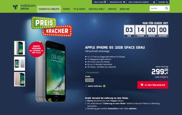 mobilcom-debitel: iPhone 6s 32 GB für 299,- Euro