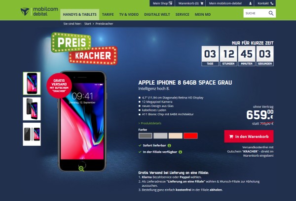 iPhone 8 mit 64 GB ist als Preiskracher-Angebot für 659,- Euro (Screenshot: mobilcom-debitel.de) Das iPhone 8 mit 64 GB ist als Preiskracher-Angebot