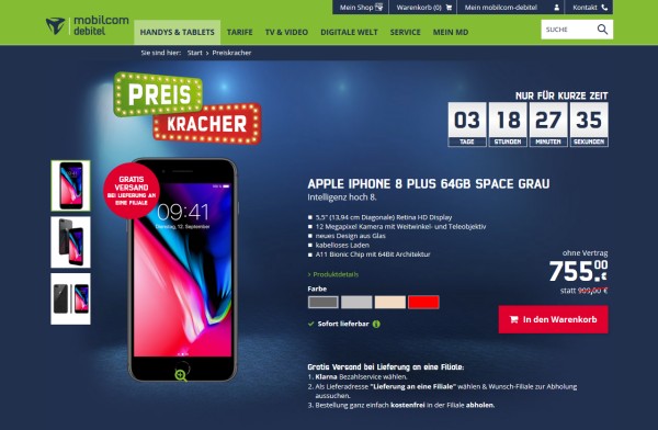 mobilcom-debitel Preiskracher: iPhone 8 Plus 64 GB