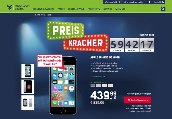 mobilcom-debitel Preiskracher: iPhone SE 64 GB für 439,99 Euro