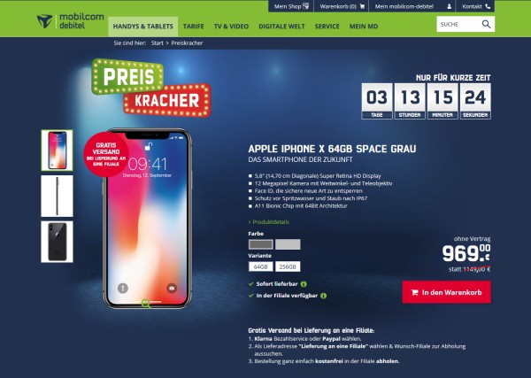 iPhone X 64GB für 969 Euro bei mobilcom-debitel