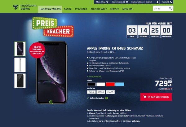 mobilcom-debitel Preiskracher: iPhone XR ab 729 Euro