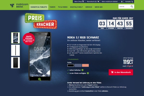mobilcom-debitel Preiskracher: Nokia 5.1 mit 16 GB für 119,- Euro