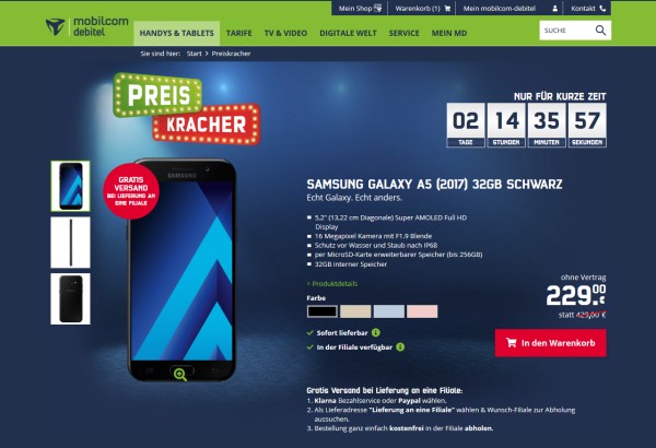 mobilcom-debitel: Samsung Galaxy A5 (2017) für 229,- Euro