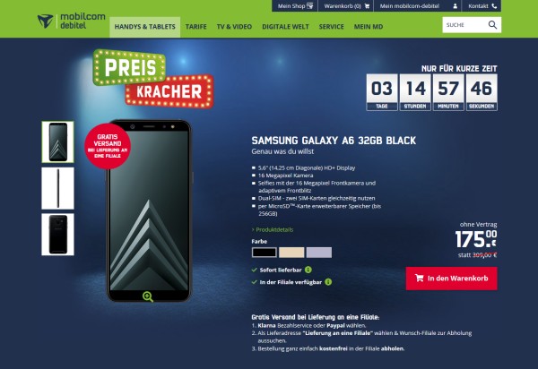 mobilcom-debitel: Samsung Galaxy A6 für 175,- Euro