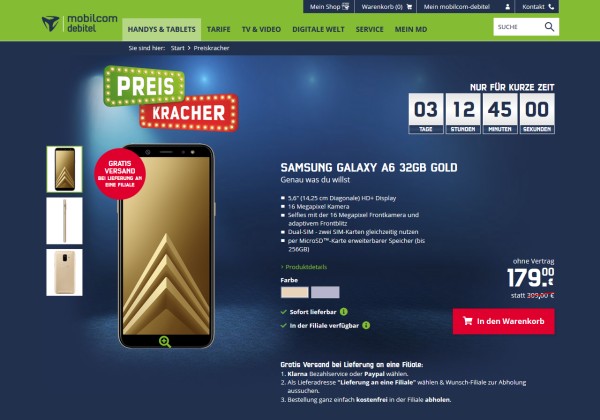 mobilcom-debitel: Samsung Galaxy A6 für 179,- Euro