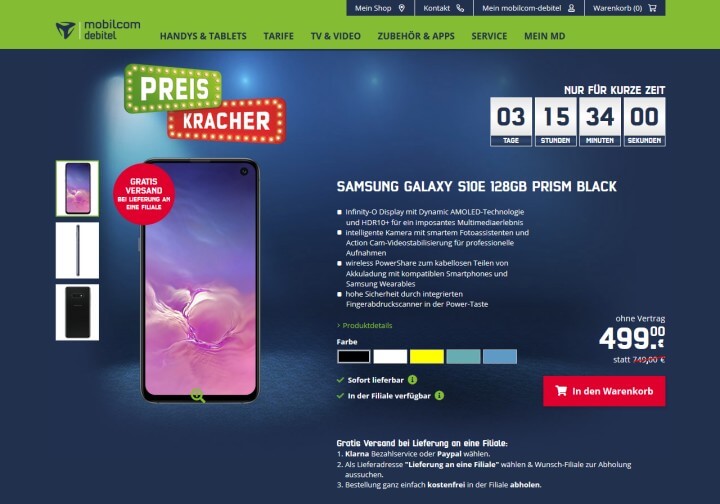Samsung Galaxy S10e bei mobilcom-debitel