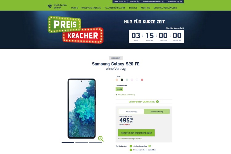 Samsung Galaxy S20 FE für 495,00 Euro bei mobilcom-debitel