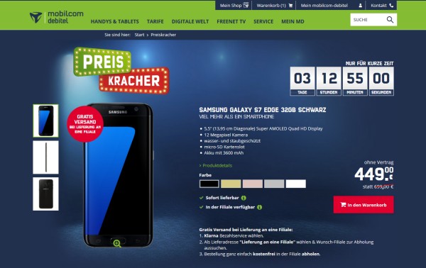 mobilcom-debitel Preiskracher: Samsung Galaxy S7 edge für 449 Euro